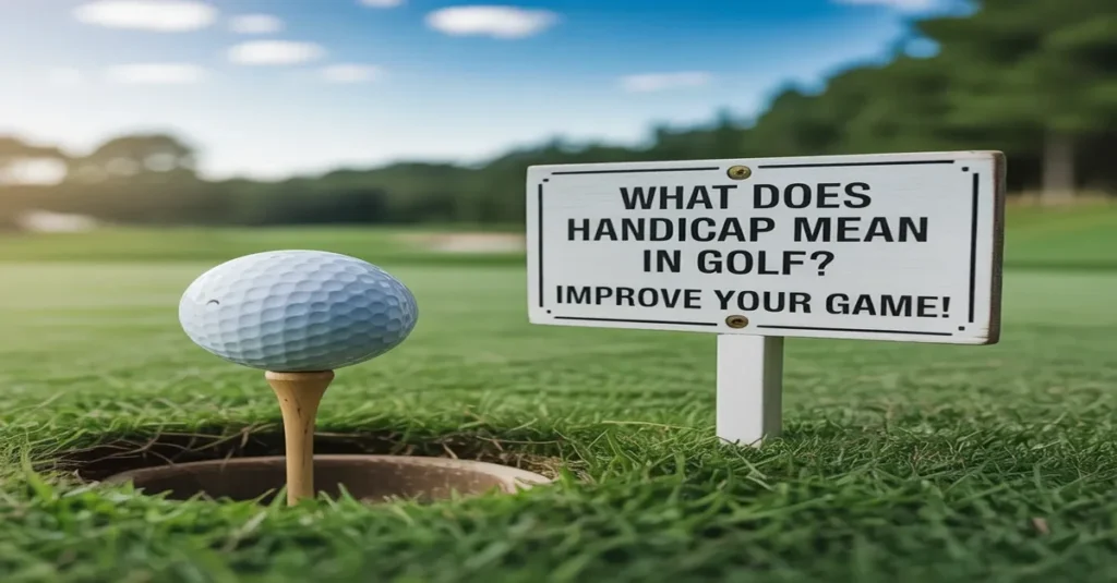 Golf ball on tee near hole with sign asking 'What Does Handicap Mean in Golf?' on a sunny course background.