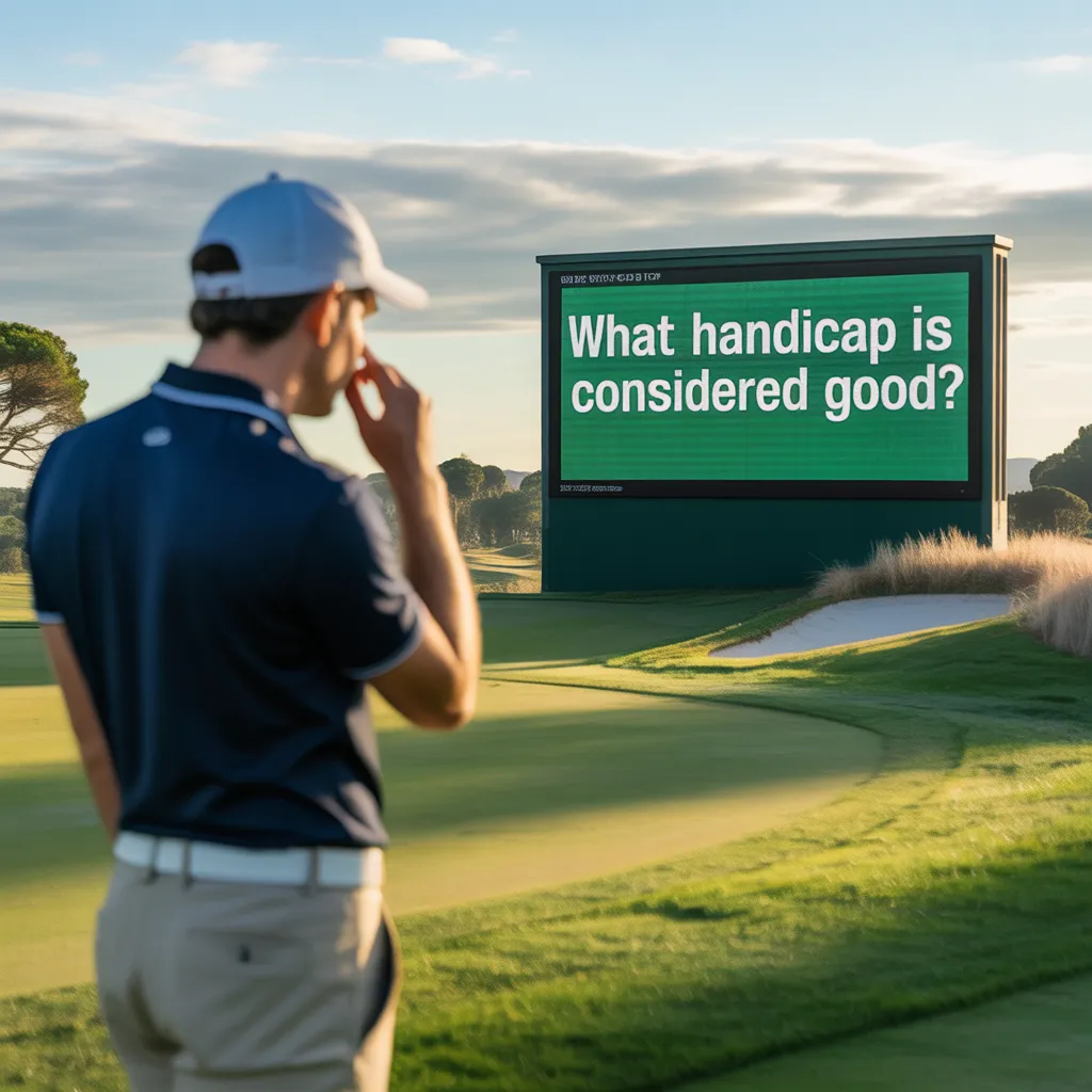 Golfer looking at large screen on course displaying 'What Handicap Is Considered Good in Golfs?' under blue sky