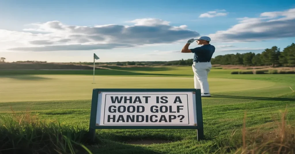 Golfer on green with a sign asking “What Is a Good Golf Handicap?” under blue sky at golf course.
