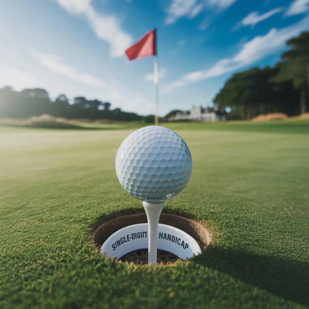 Golf ball on tee over hole labeled 'Single-Digit Handicap' explaining What Is a Single-Digit Handicap and Why Is It Respected?