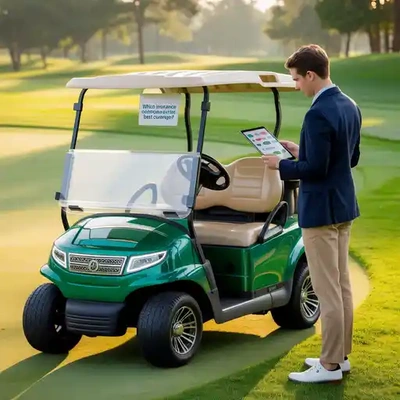 A man standing beside a green golf cart with a sign asking 'Which insurance companies offer the best golf cart coverage?' on a golf course.