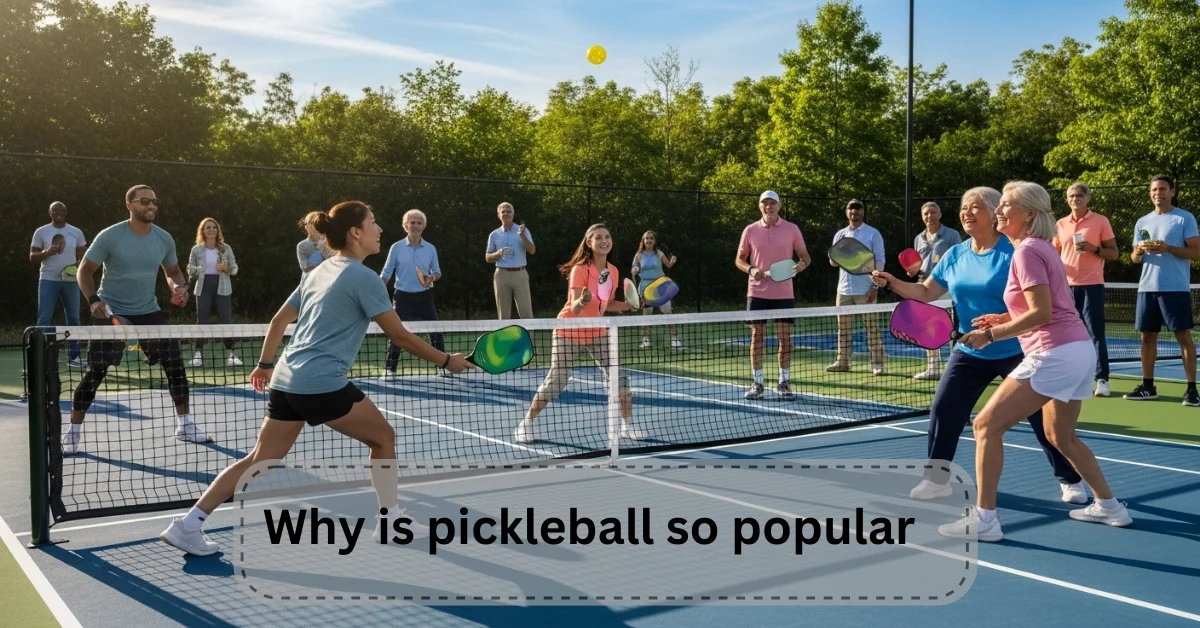 A diverse group of people playing pickleball on a sunny court, showcasing the sport's appeal to all ages. Discover why pickleball is so popular in today’s active lifestyle.