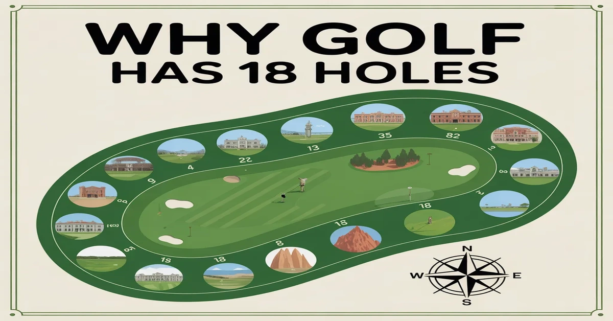 Illustration explaining why golf has 18 holes with course design and history concept.