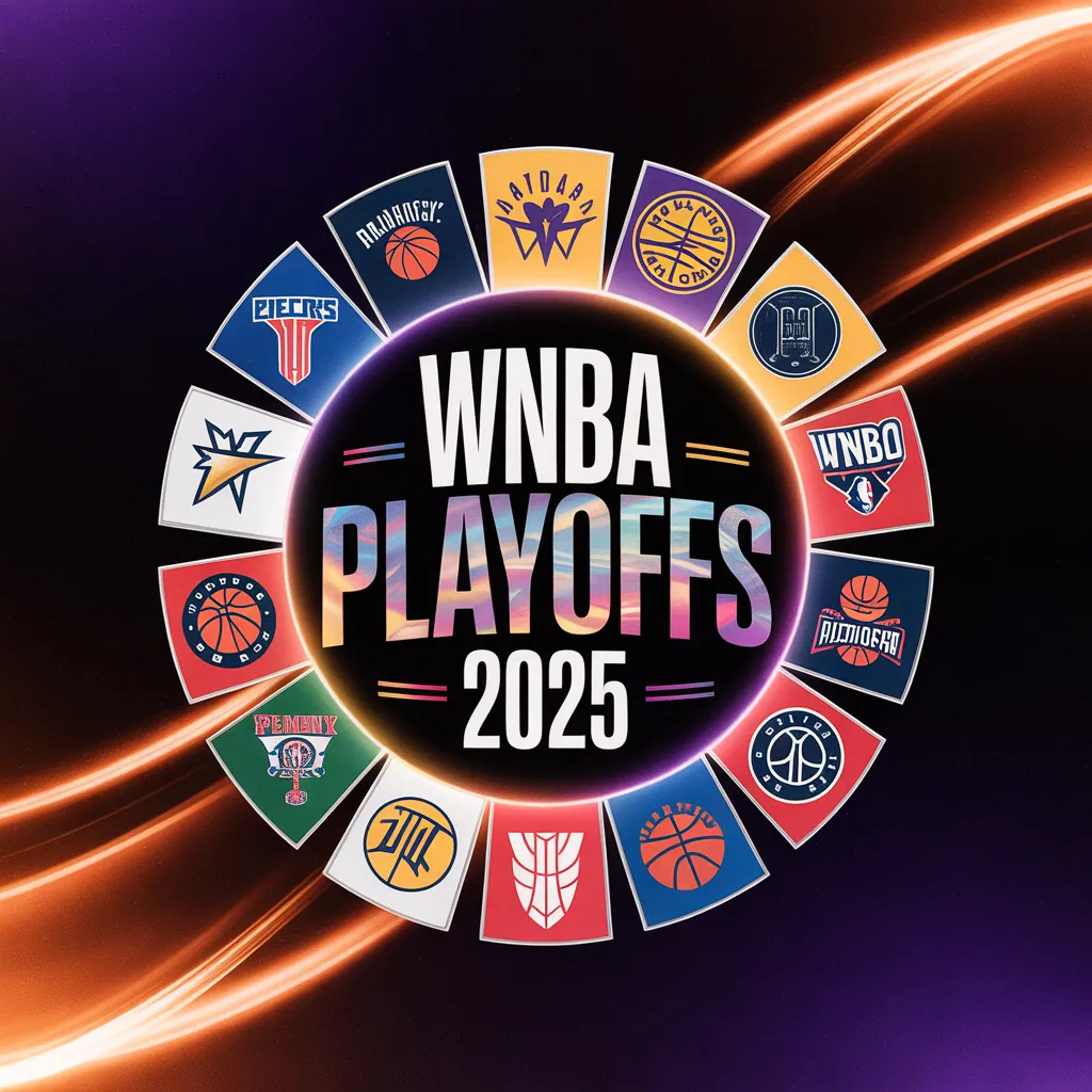 WNBA Playoffs 2025 graphic featuring all team logos in a circular layout with vibrant lighting and bold typography.