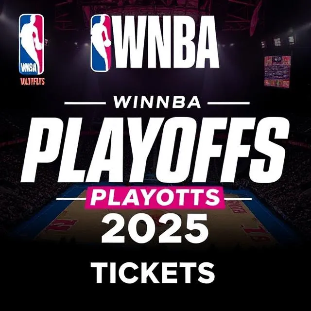 WNBA Playoffs 2025 ticket promotion graphic with bold text and arena background, highlighting upcoming postseason action.
