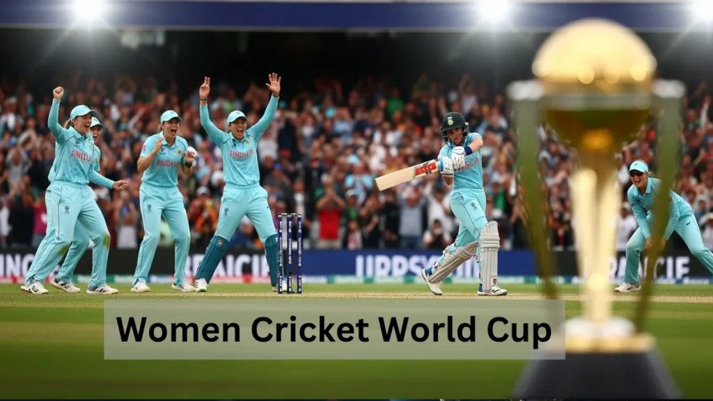 Women Cricket World Cup players in action with trophy in focus during a thrilling match.