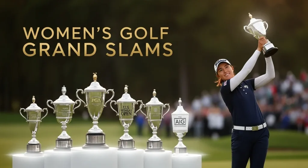 Female golfer lifting trophy with major titles shown – What is a grand slam in golf explained through women’s achievements