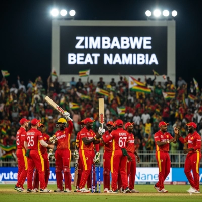 Zimbabwe team celebrates series win in Namibia vs Zimbabwe match as scoreboard shows Zimbabwe beat Namibia.