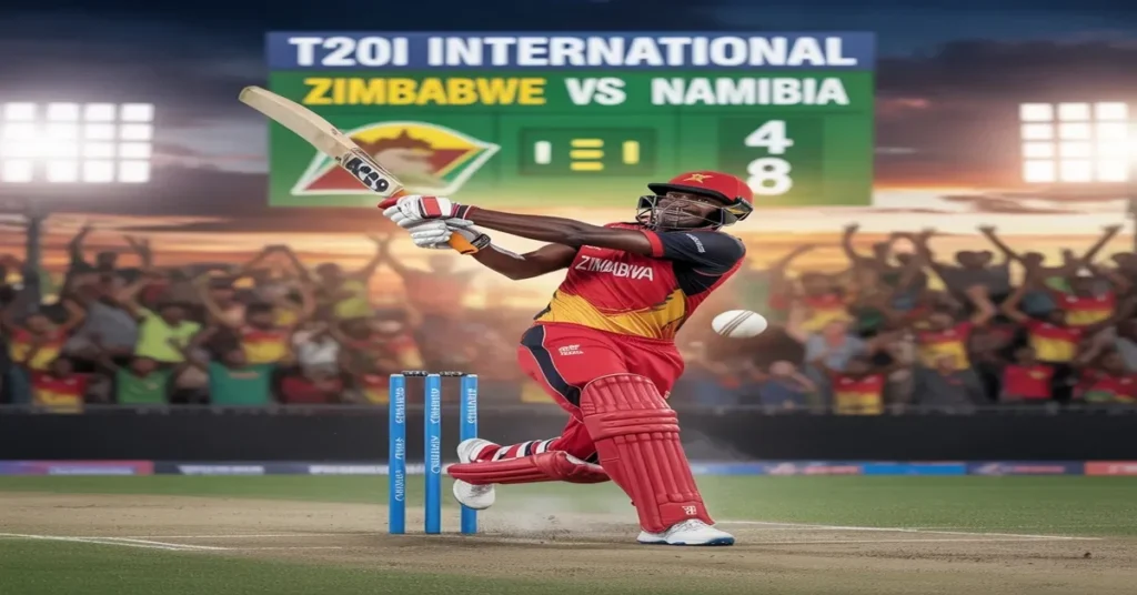 Zimbabwe vs Namibia T20I cricket match action with Zimbabwe batsman hitting a powerful shot in front of cheering crowd