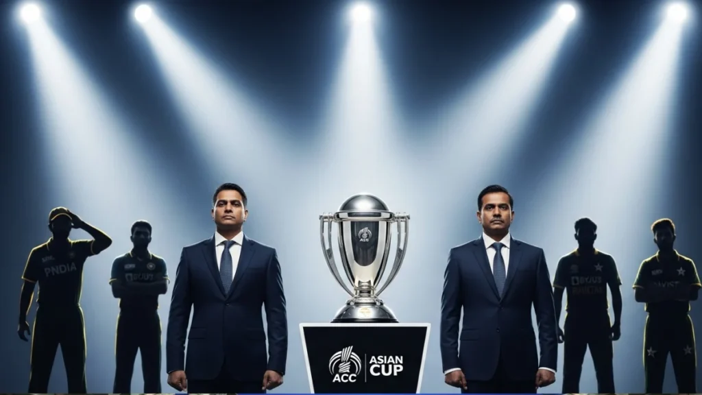 Asia Cup 2025 Trophy Still With ACC After Dispute as officials stand beside the silver cup during ceremony with India and Pakistan players in background