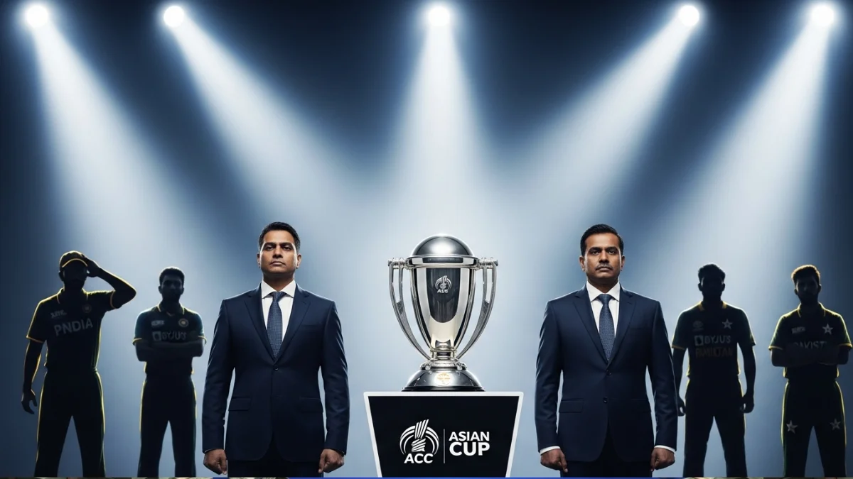Asia Cup 2025 Trophy Still With ACC After Dispute as officials stand beside the silver cup during ceremony with India and Pakistan players in background