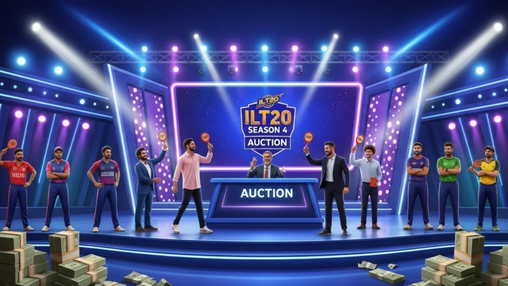 Team owners bidding during the ILT20 Season 4 Auction with players on stage and stacks of money in a vibrant setup