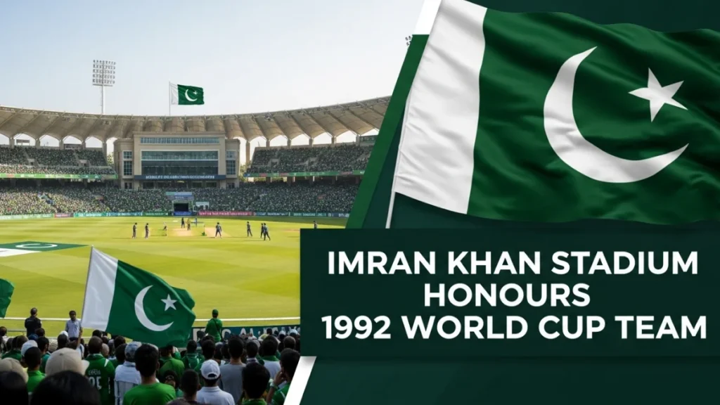 Imran Khan Stadium honours 1992 World Cup team with fans celebrating Pakistan cricket legacy.