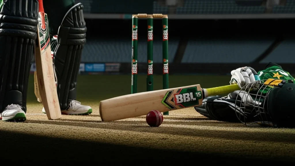 PPCB NOC Policy puts Pakistani players BBL 15 spot in doubt as cricket gear lies on field with stumps and bat.