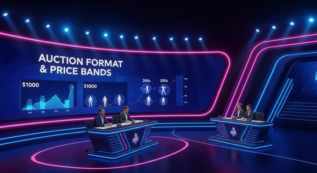 ILT20 Season 4 Auction panel discussing auction format and price bands with graphics on stage screen