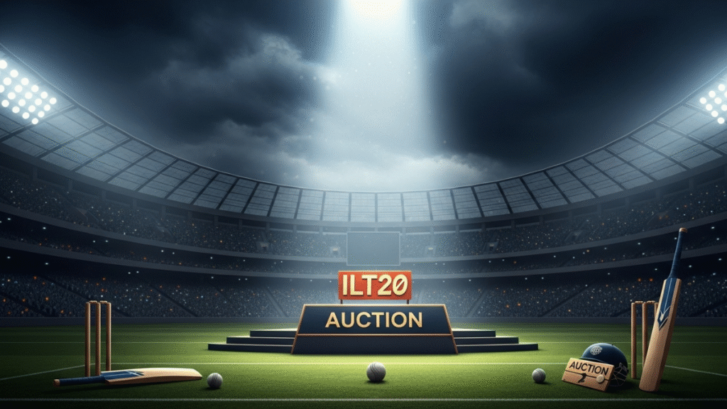 Why Mohammad Amir withdrew from the ILT20 auction – empty cricket stadium with auction stage under spotlight, symbolizing withdrawal.